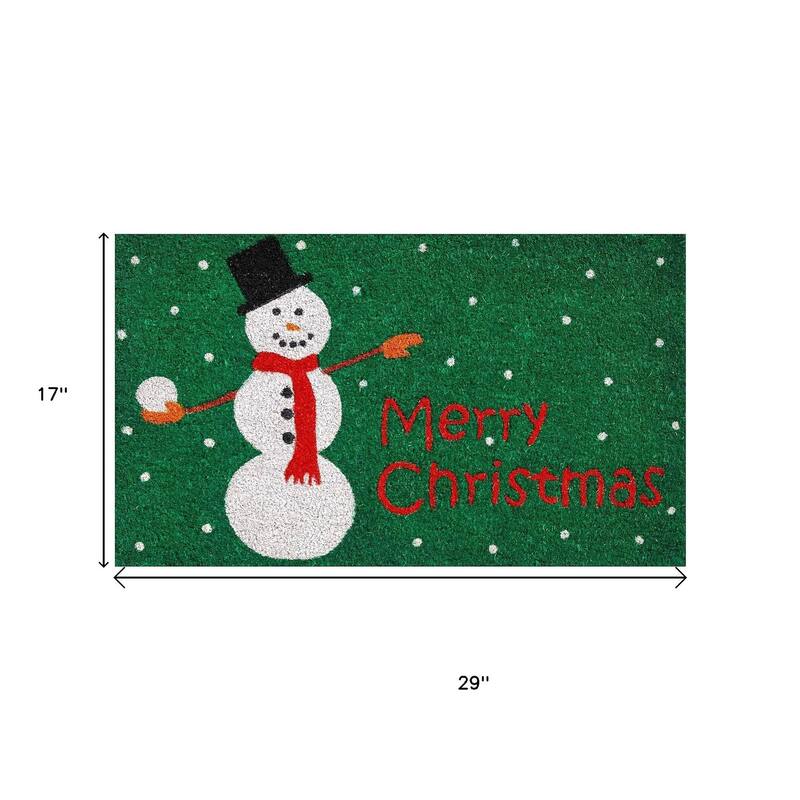 HomeRoots 17" X 29" Green White And Red Christmas Snowman Merry Christmas Outdoor Coir Door Mat - 17.00' X '29.00