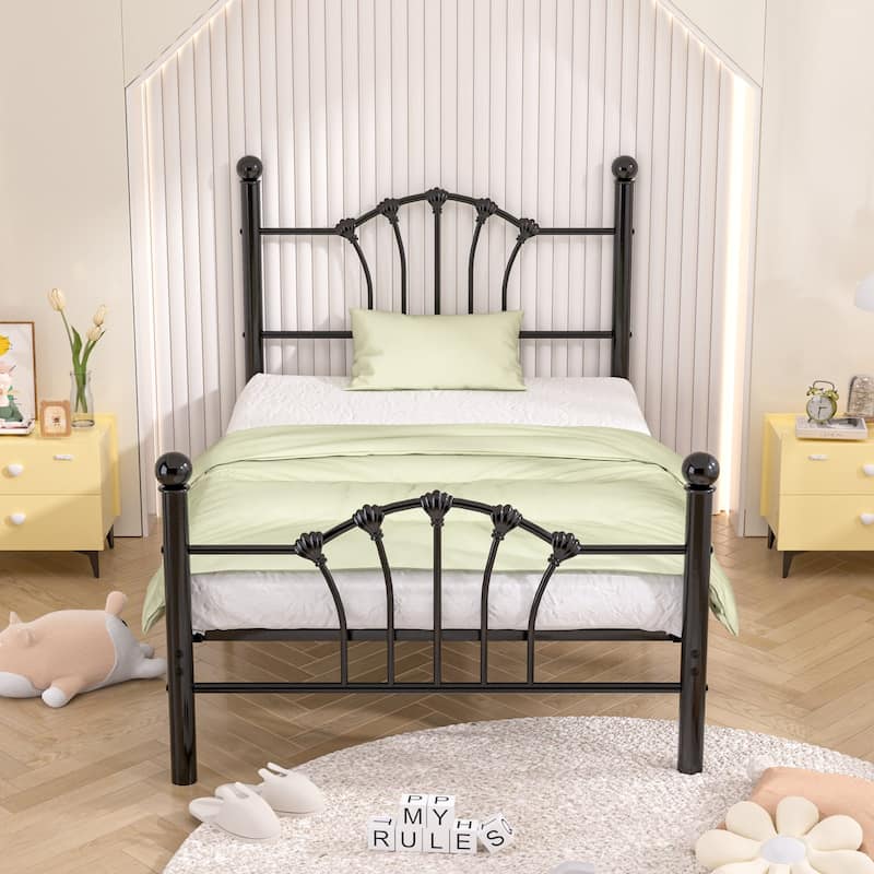 VECELO Classic Twin Size Metal Bed Frame Shell Design with Roman Columns Sturdy Twin Bed Frame for Kids Space-Saving Twin Bed - Black - Twin