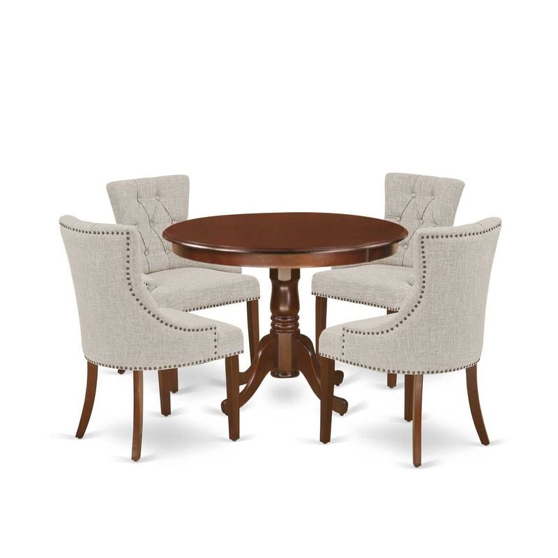 HomeStock 5-Piece Round Mahogany Finish Solid Wood Top Dining Table with 4 Parson Chair with Lattice Back