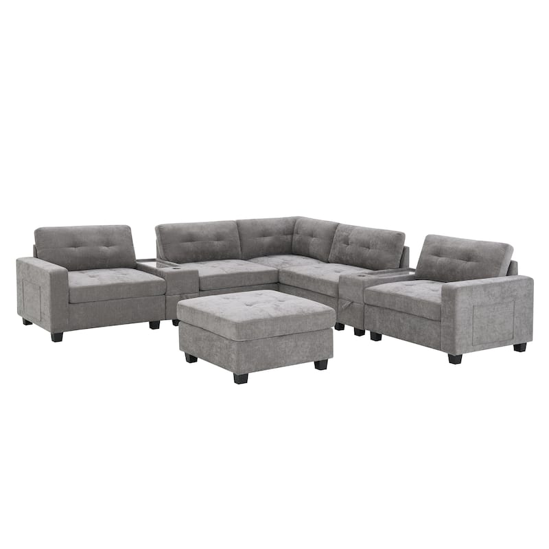 104" Chenille U-Shaped Sectional Sofa with USB & 2 Acrylic Side Tables
