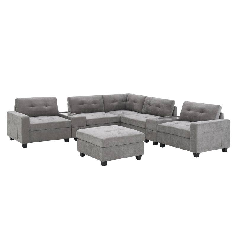 L-shape Chenille Sectional Sofa with 2 Acrylic Consoles Table Top, USB Charger, 2 Drawers, Pockets and Ottoman for Living Room
