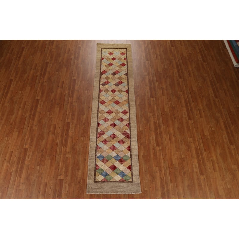 Hand Knotted Oriental 100% Wool Carpet Tribal Geometric Brown Gabbeh (kashkoli) Runner Rug - 10' 9'' X 2' 8''