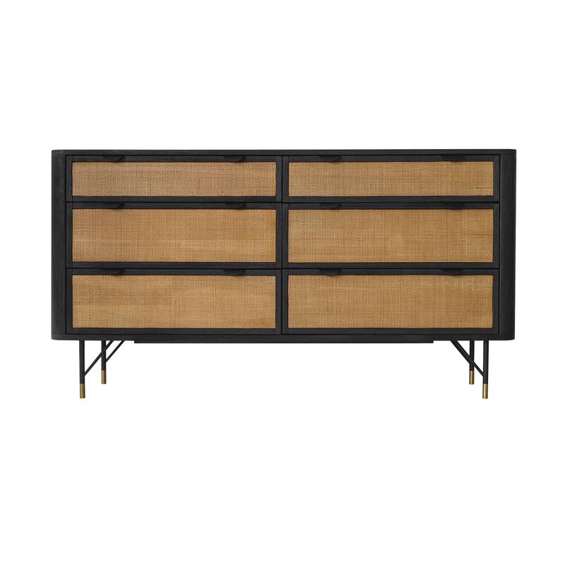 6 Drawer Dresser Black Acacia Rattan Chest of Drawers Modern Storage
