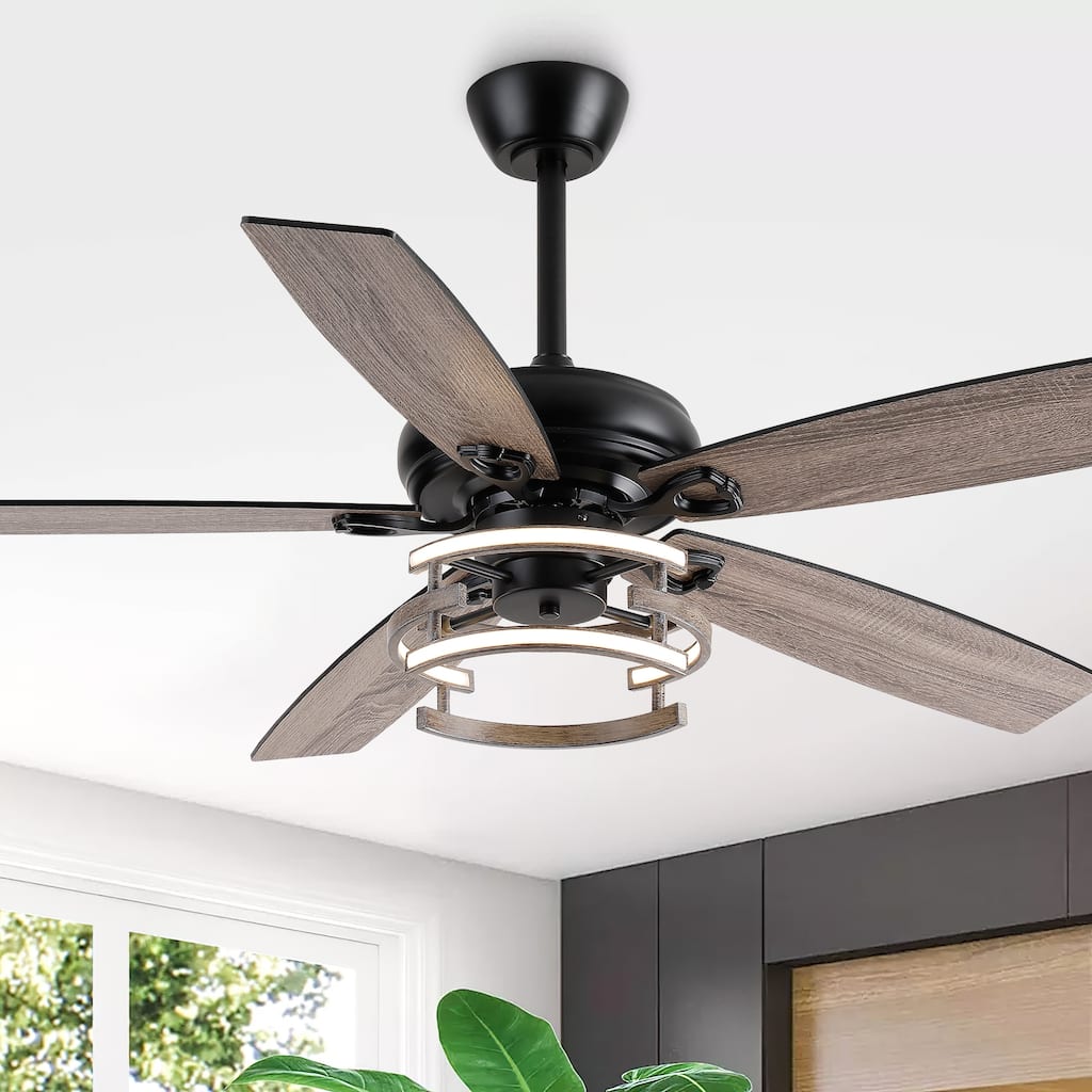52" Farmhouse Matte Black Reversible Integrated LED Dimmable Reversible Ceiling Fan with Light and Remote