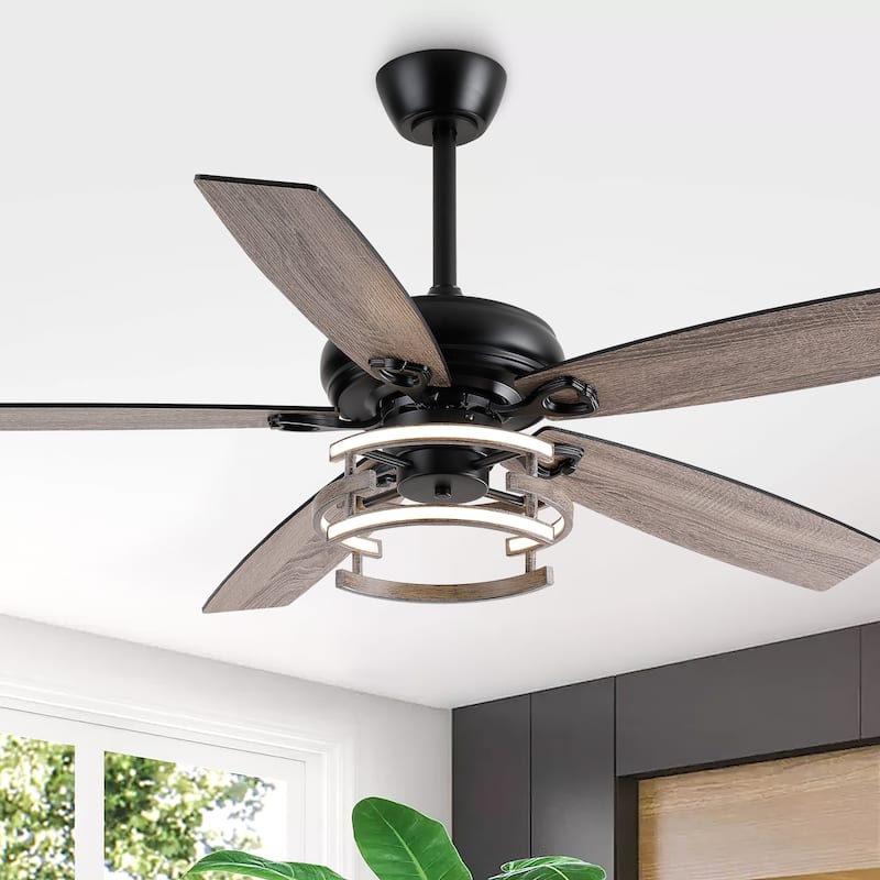 52" Farmhouse Matte Black Reversible Integrated LED Dimmable Reversible Ceiling Fan with Light and Remote