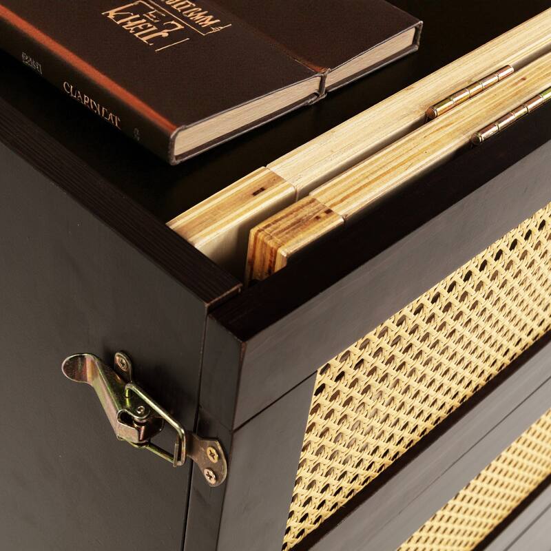 Queen Size Pine Wood Murphy Bed Cabinet with Rattan Front Panel, Foldable Bed with Storage Drawer and Sturdy Platform