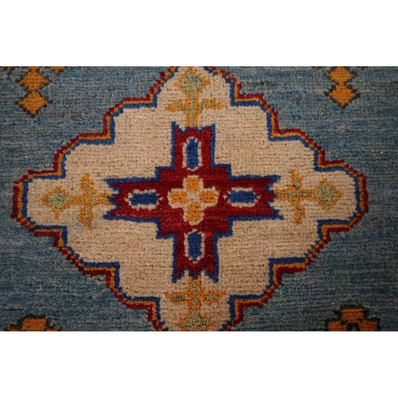 Light Blue Geometric Kazak Oriental Accent Rug Handmade Wool Carpet - 3'6" x 4'11"