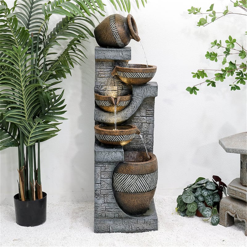 5-Tier Outdoor Faux Stone Water Fountain with LED Lights