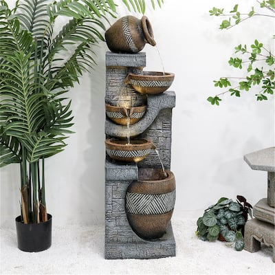5-Tier Outdoor Faux Stone Water Fountain with LED Lights