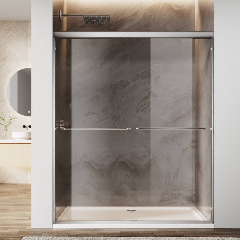 Elegant Double Sliding Shower Door Brushed Nickel Finish Framed With 1/4 inch Clear Tempered Glass - 48"x72"