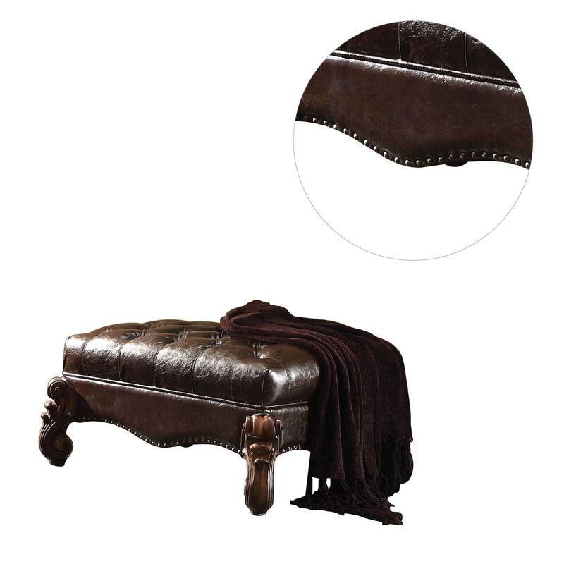 Upholstered Ottoman with Nailhead Trim in Dark Brown and Cherry Oak