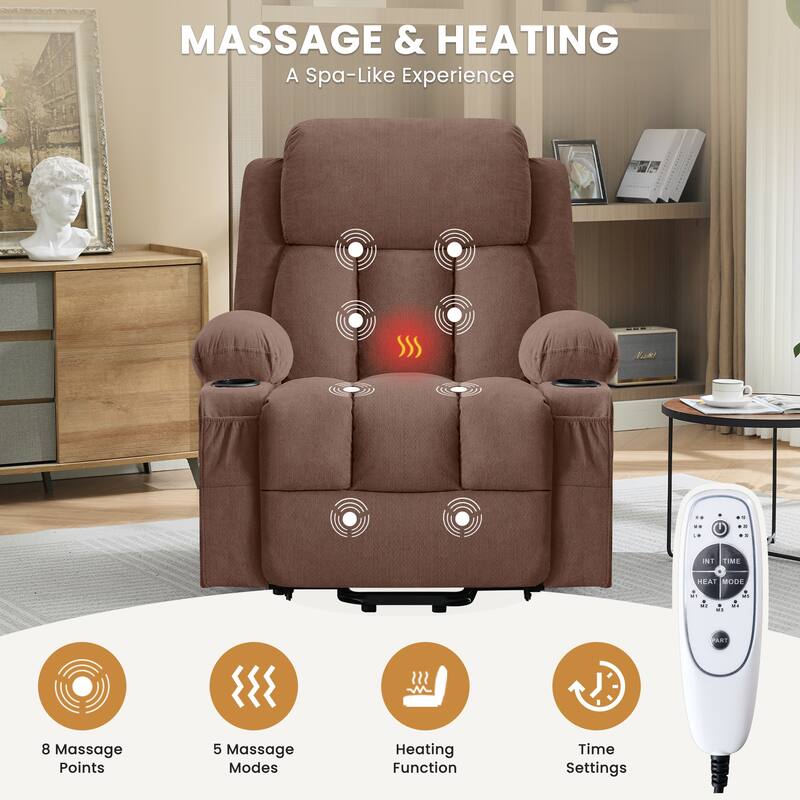 Power Lift Recliner with Heat & Massage USB Side Pockets for Elderly