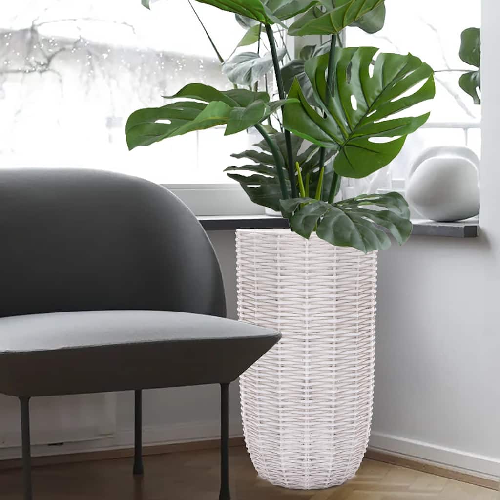 Off White MgO Wicker Tall Round Indoor Outdoor Planter - 21.63" H x 12" Diameter