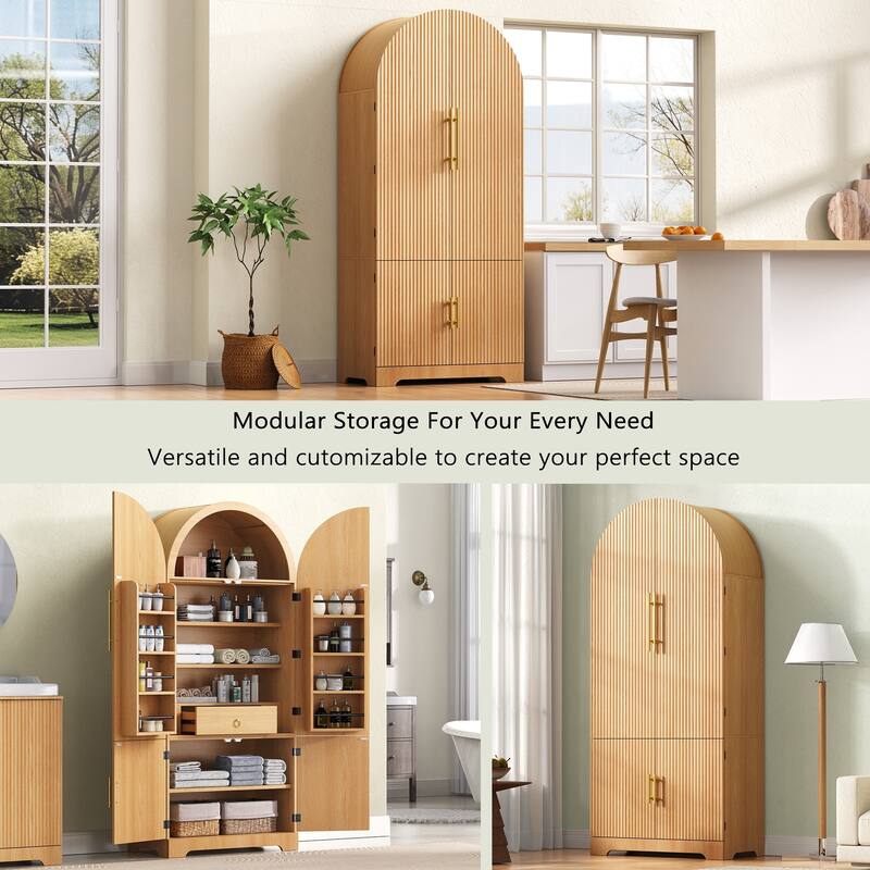 Arched Kitchen Pantry Cabinet Large Wooden Storage Cupboard with Doors, 8 Adjustable Door Shelves, 3 Interior Shelves & Drawer