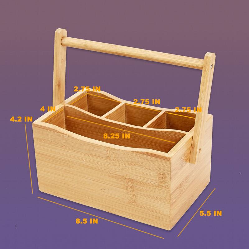 YBM HOME 4 Compartment Bamboo Cutlery and Napkin Caddy with Handle - Brown