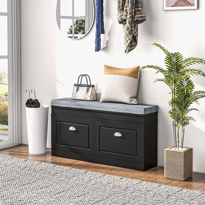 Entryway Shoe Bench Upholstered Seat Storage Bench with Flip Door, Comfortable Storage Bench Hallway Bench Indoor Bench - Black