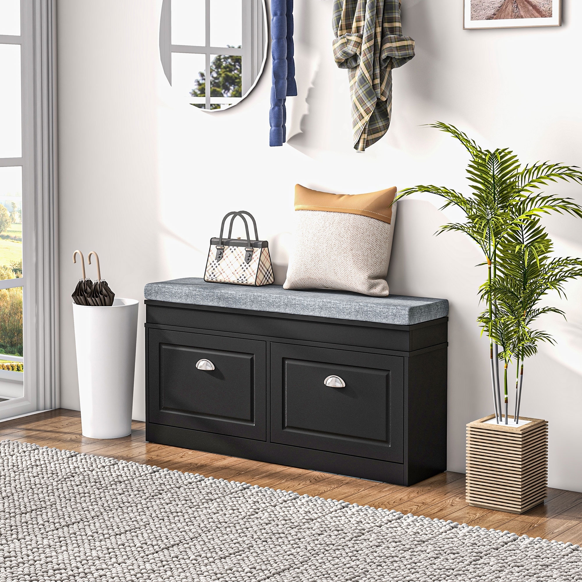 HOMCOM Shoe Rack Bench for Entryway Storage Organizer with Cushion 2 Drawers Adjustable Shelf, White - 41" x 9.5" x 21.75"