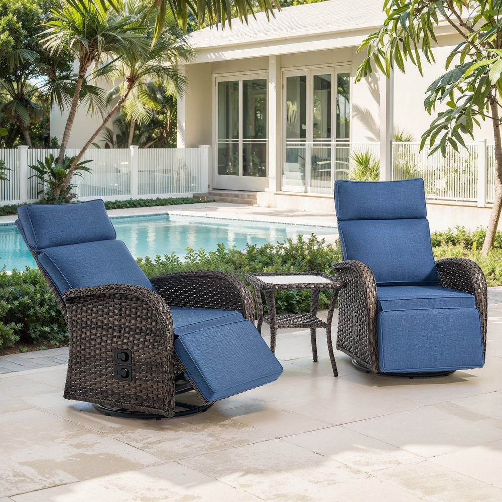 Meyreso 3 Piece Wicker Swivel Reclining Chaise Lounge with Adjustable Backrest %26 Ottoman
