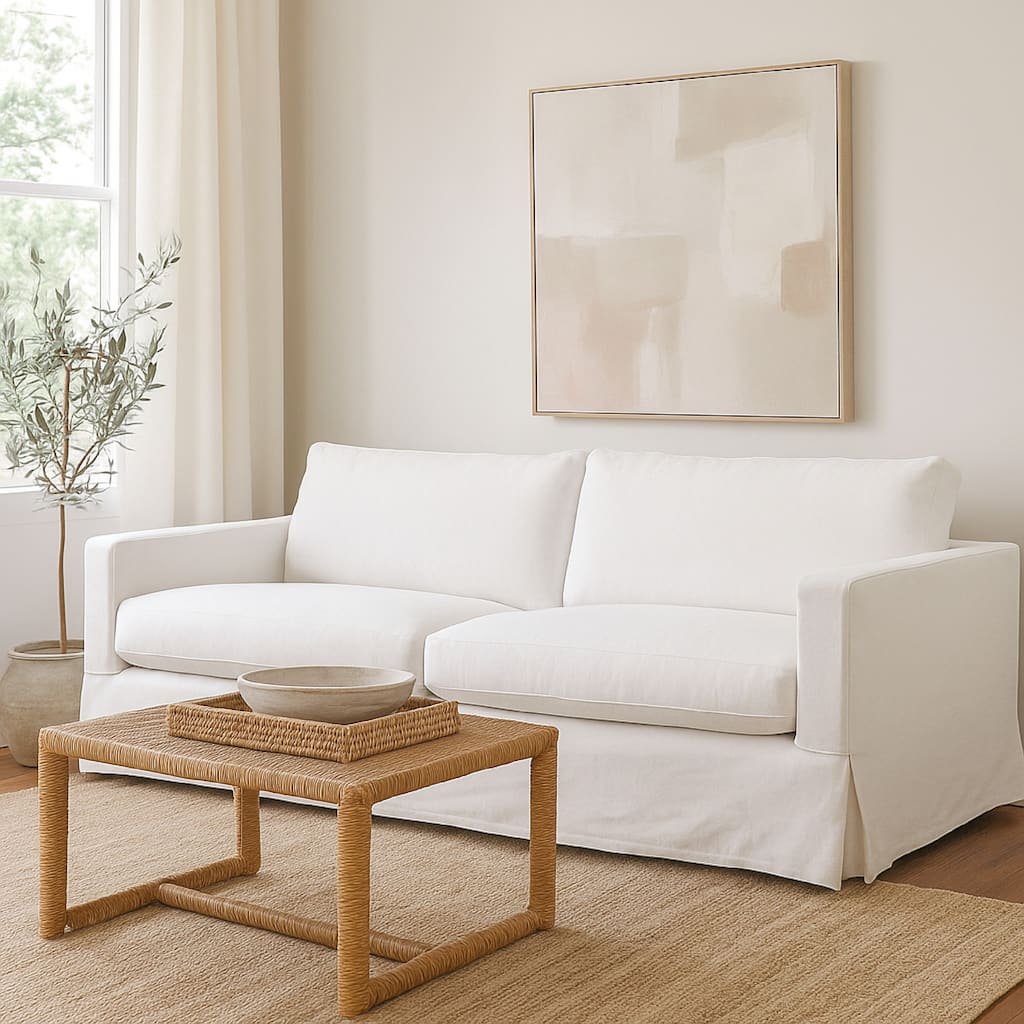 Aiza Sofa, 94 Inch, Feather Down Seating, White, Linen Cover