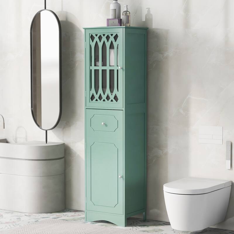 Freestanding Adjustable Storage Cabinet with Metal Knobs, Acrylic Panel Door Cabinet, Groove Pattern Drawer and Door Cabinet