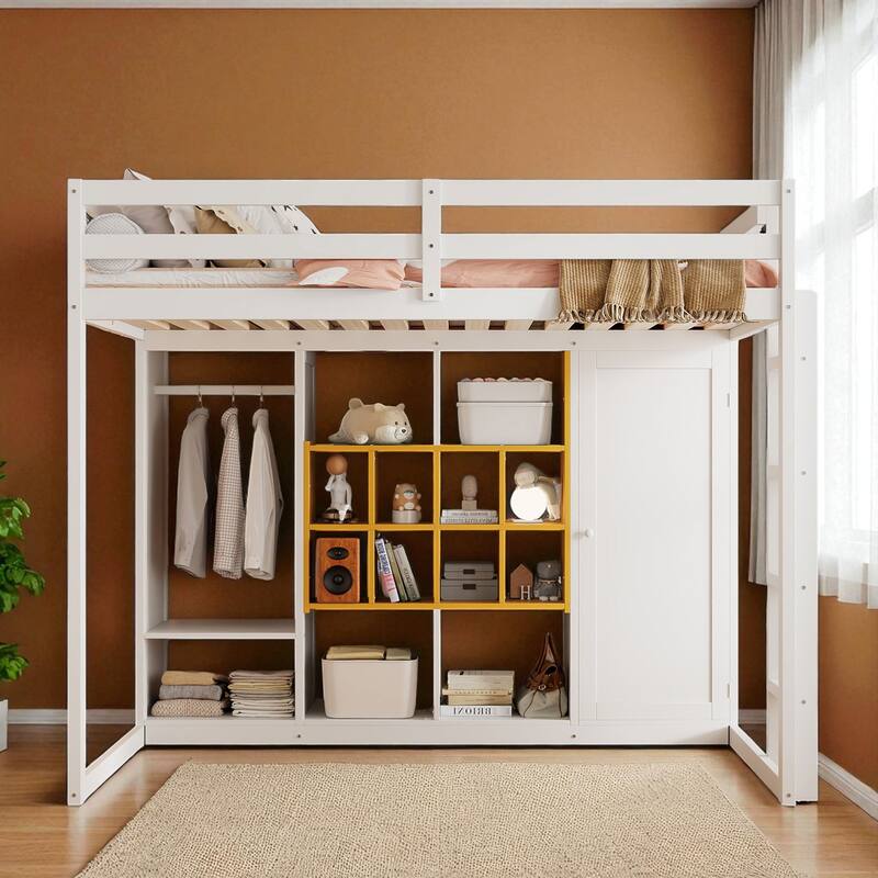 Space-Saving Twin/Full Loft Bed, Solid Wood Frame with Open Wardrobe, Colorful Shelves, Cabinet Storage & Reversible Ladder