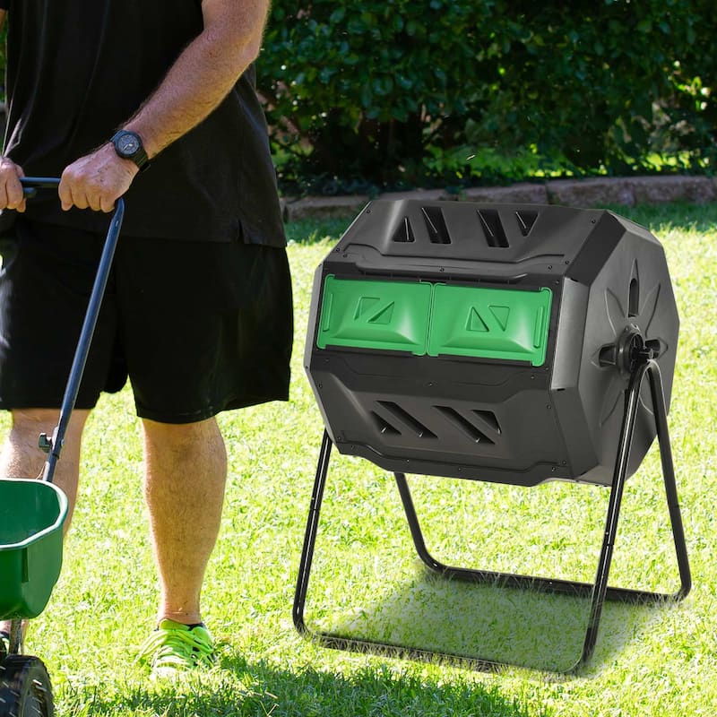 Outsunny Tumbling Compost Bin Outdoor Dual Chamber 360-deg Rotating Composter 43 Gallon w/ Sliding Doors & Solid Steel Frame