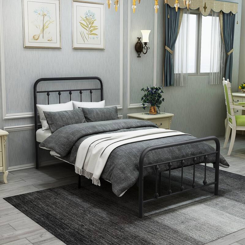 Sturdy Metal Bed Frame with Vintage Headboard and Footboard - Easy Assembly, No Box Spring Required