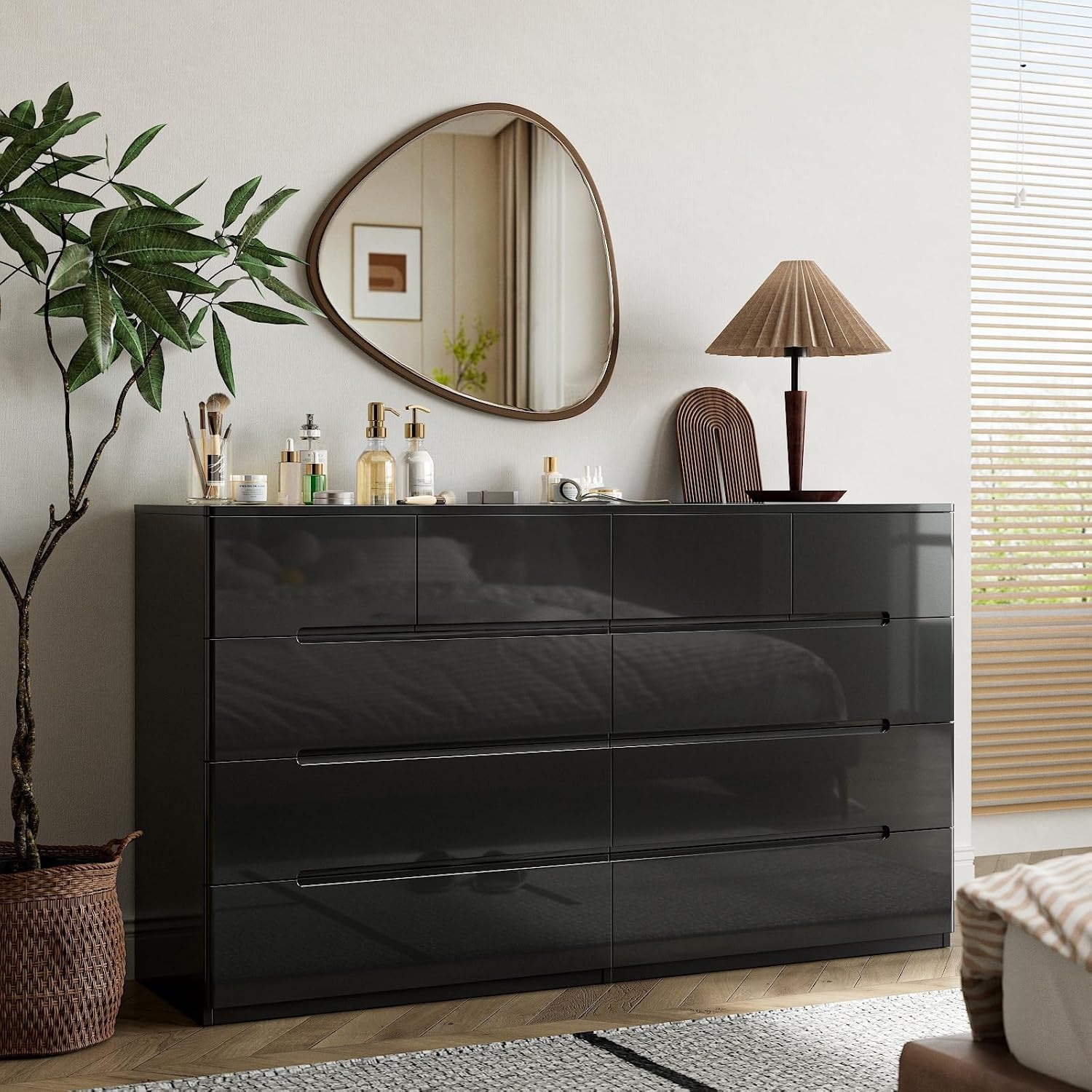55-inch Black High Gloss Dresser with 10 Drawers, Modern Storage Cabinet for Bedroom, Living Room, Entryway