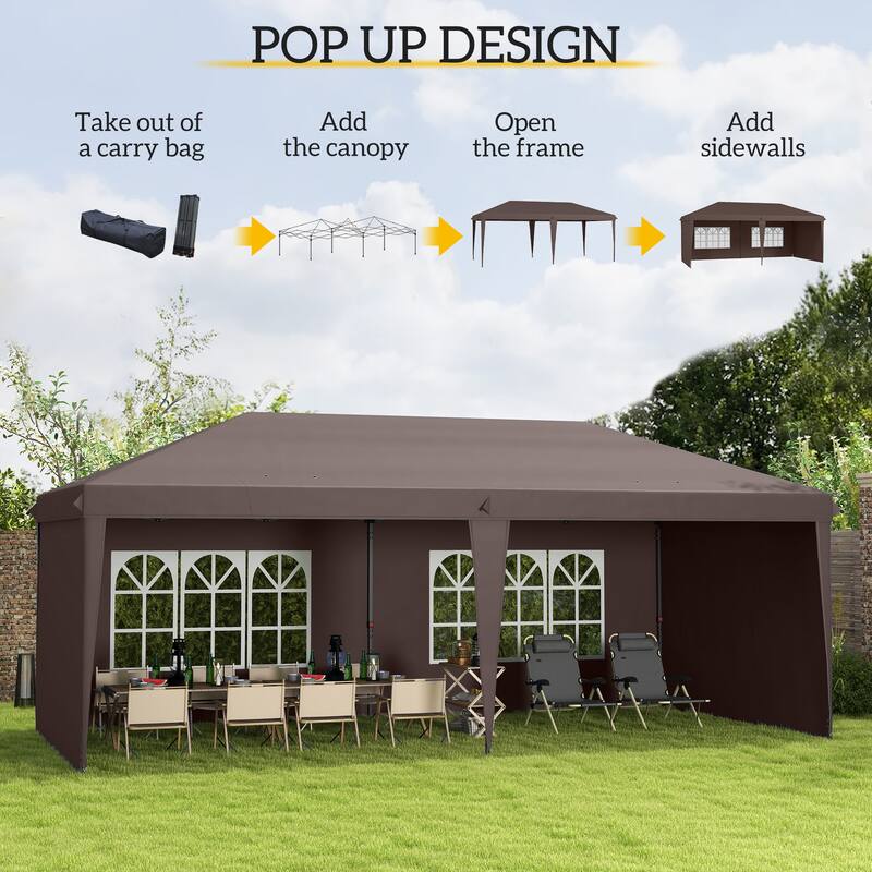 Pop-Up Party Tent with Adjustable Steel Frame Coffee Polyester Canopy UV Protection - 19.2' L x 9.7' W x 8.9' H