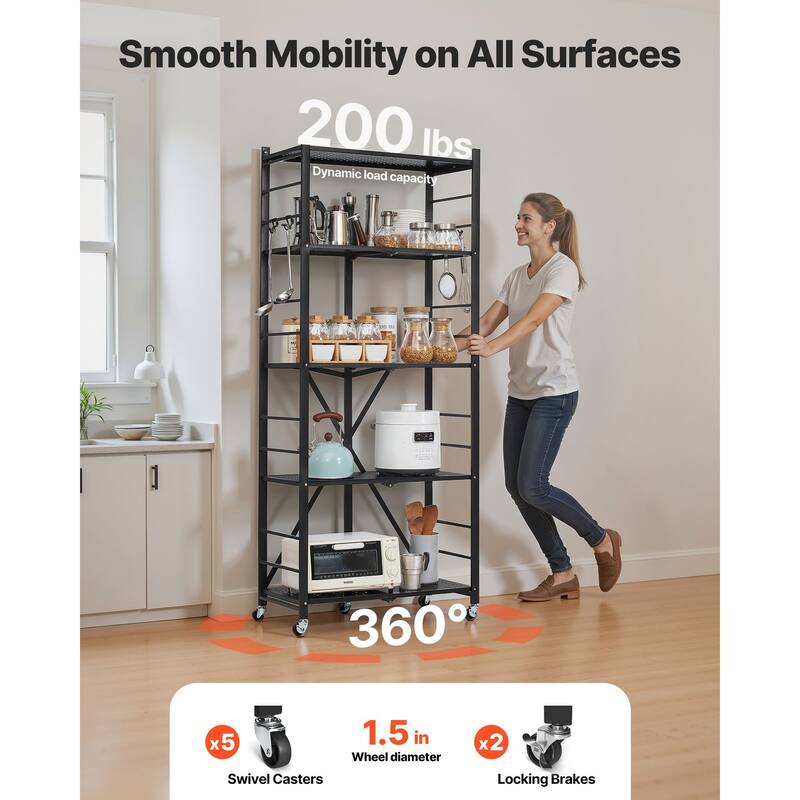 Black Carbon Steel 5 Tier Folding Garage Storage Shelf with Casters and J-Hooks - 13 x 28 x 66 in