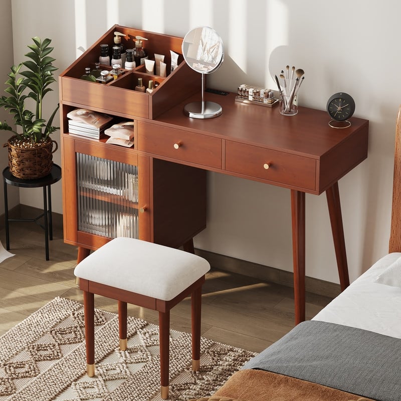 Vanity Dresser with Mirror and Stool Set Storage Drawers Luxury Furniture