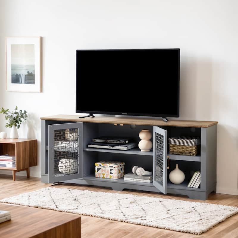70"W Farmhouse TV Stand, Entertainment Center w/Shelves & Glass Door - 70''W*15.55''D*26.93''H