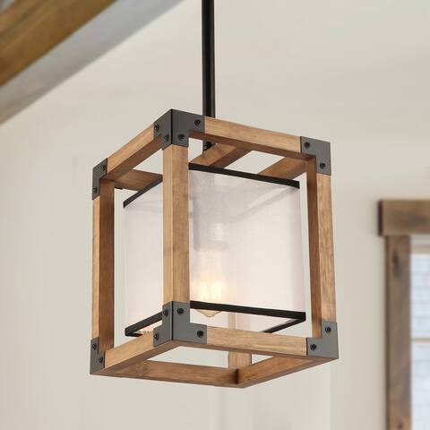 Anmytek Wood Farmhouse Pendant Light with Fabric Shade Rustic Edison Hanging Light Fixture