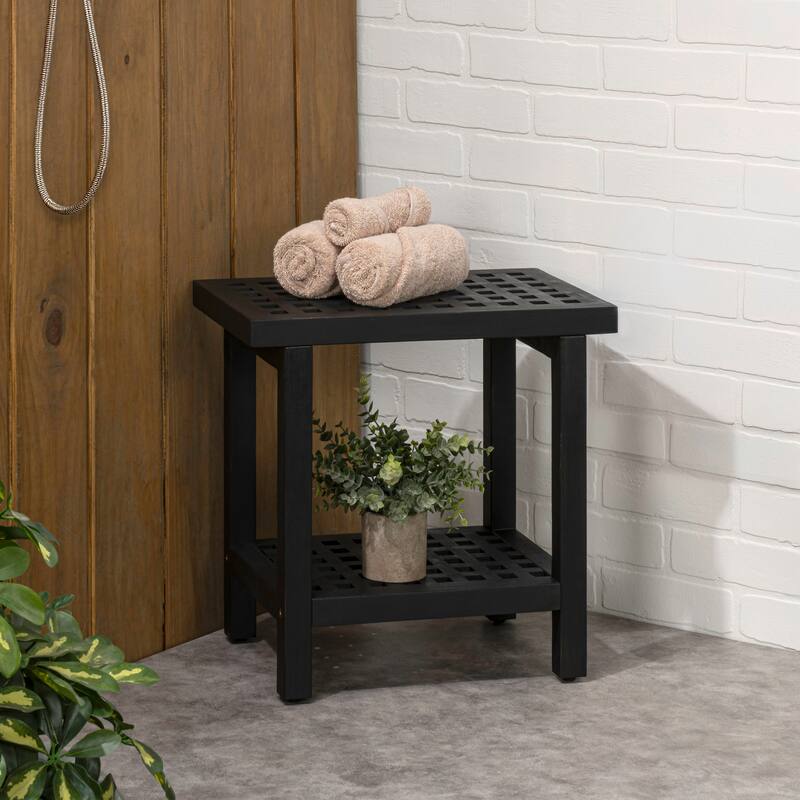 Armin 18.1" Classic Grid Slat Solid Acacia Wood Indoor/Outdoor Shower Stool, By JONATHAN Y - 18.1L x 11.81W x 17.72H