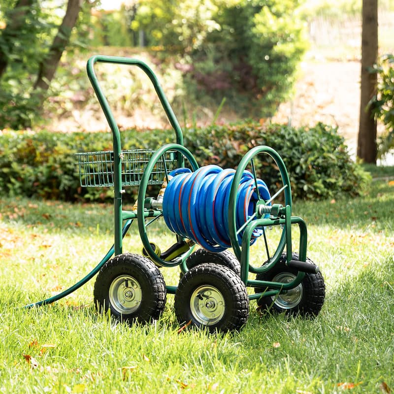 Glitzhome 34.5H Green Utility Wagon Reel Cart with Hose