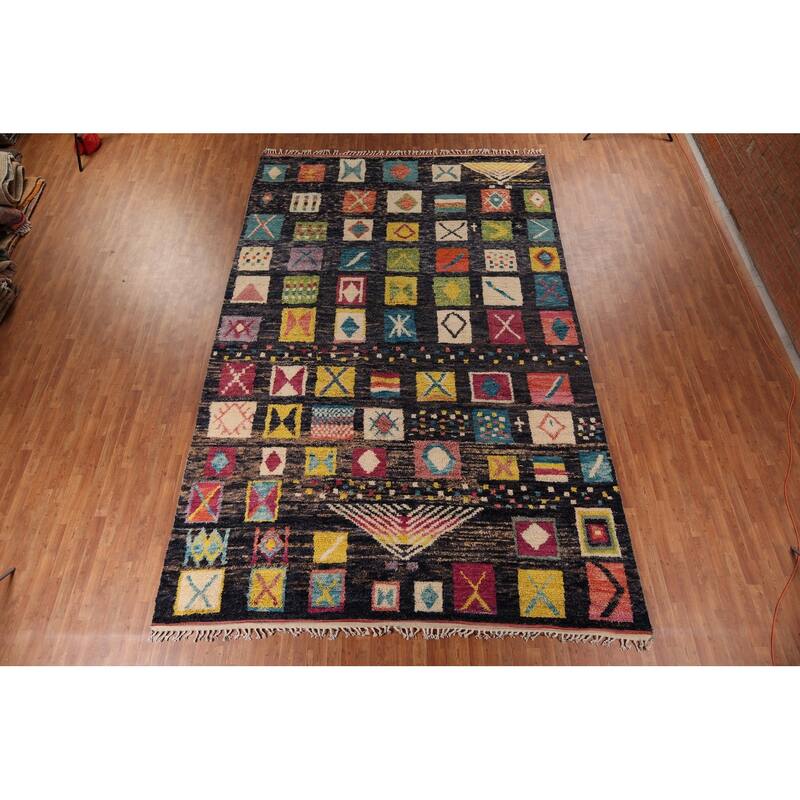 All-Over Black Plush Large Moroccan Area Rug Handmade Wool Carpet - 9'9" x 15'1"
