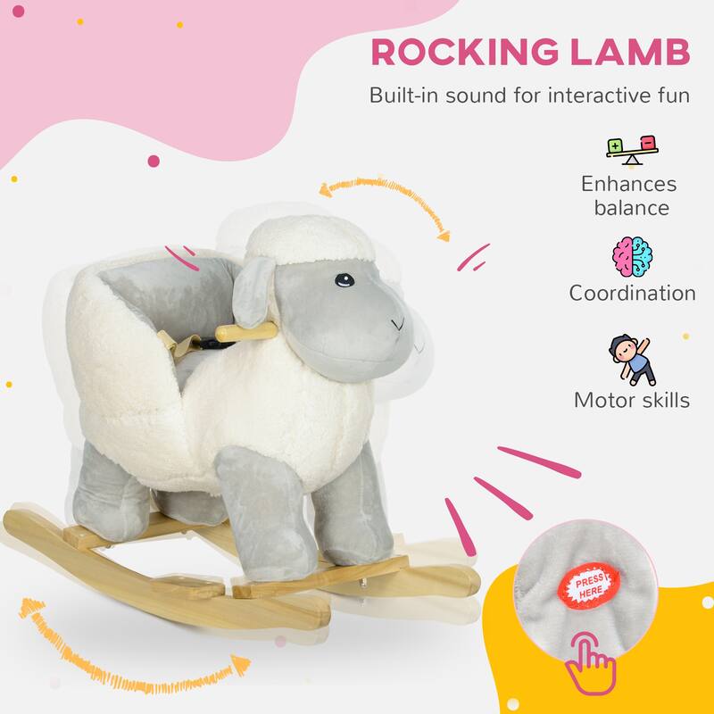 Baby Rocking Horse Sheep, Plush Lamb Rocker, Rocking Animal with Seat Belt, Sounds & Pedals for Kids 1-3 Years, Gray