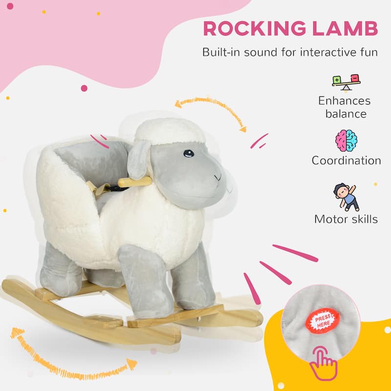 Grey Lamb Rocking Horse for Toddlers with Sound and Soft Plush Seat Safety Belt Foot Pedals - 26.8" L x 13.8" W x 21.7" H