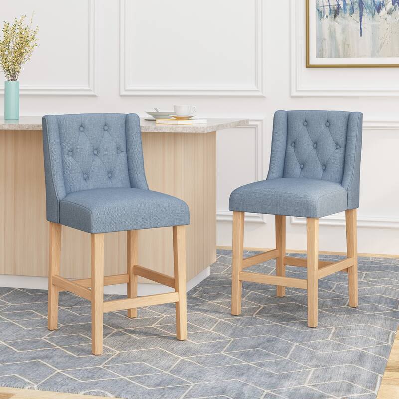 2-Piece Wood Frame Bar Stool Set Fabric Tufted Wingback 27 Inch Counter Stools Island Thick Upholstered Bar Stool
