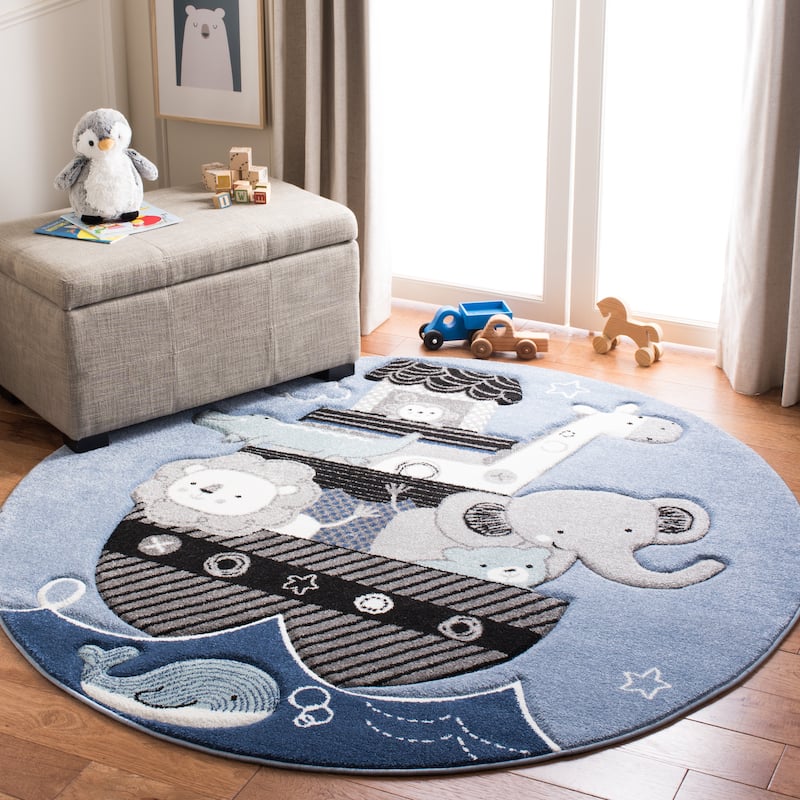 SAFAVIEH Carousel Kids Simin Animal Rug - 3' Round - Blue/Grey