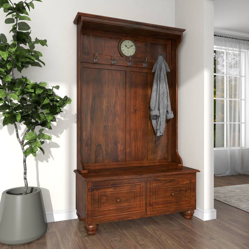 Brown Wood Large Tall Bench Storage 5 Hook and 2 Drawer Freestanding Coat Rack with Cream Clock