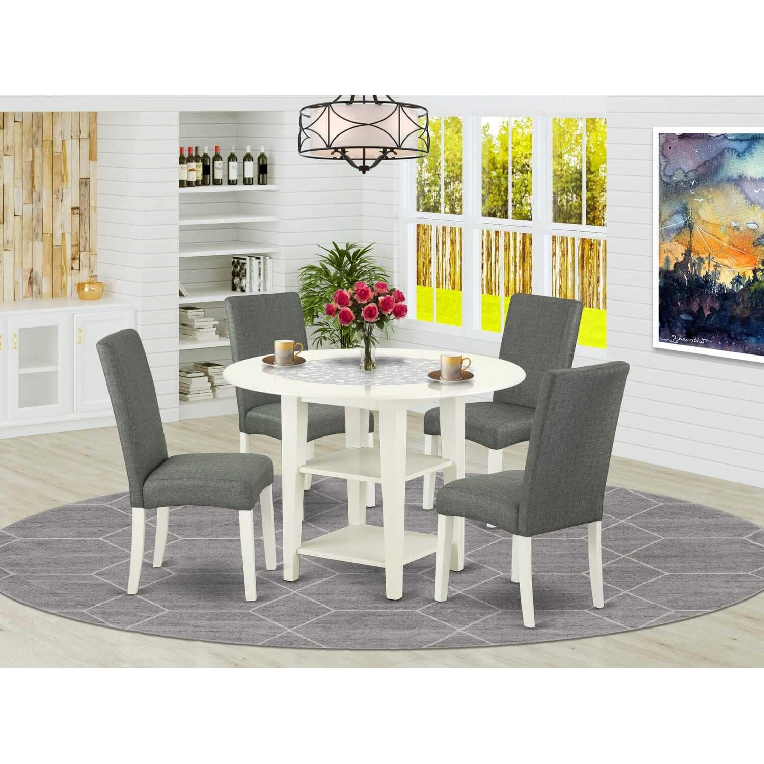 5-Piece Linen White Finish Solid Wood Top-Round Dining Room Set -Seats 4