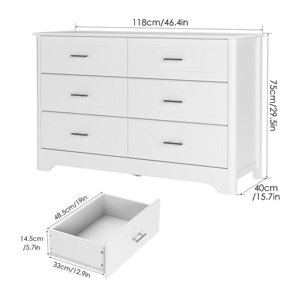 6 Drawer Dresser, Modern White Wide Chest of Drawers with Metal Handels