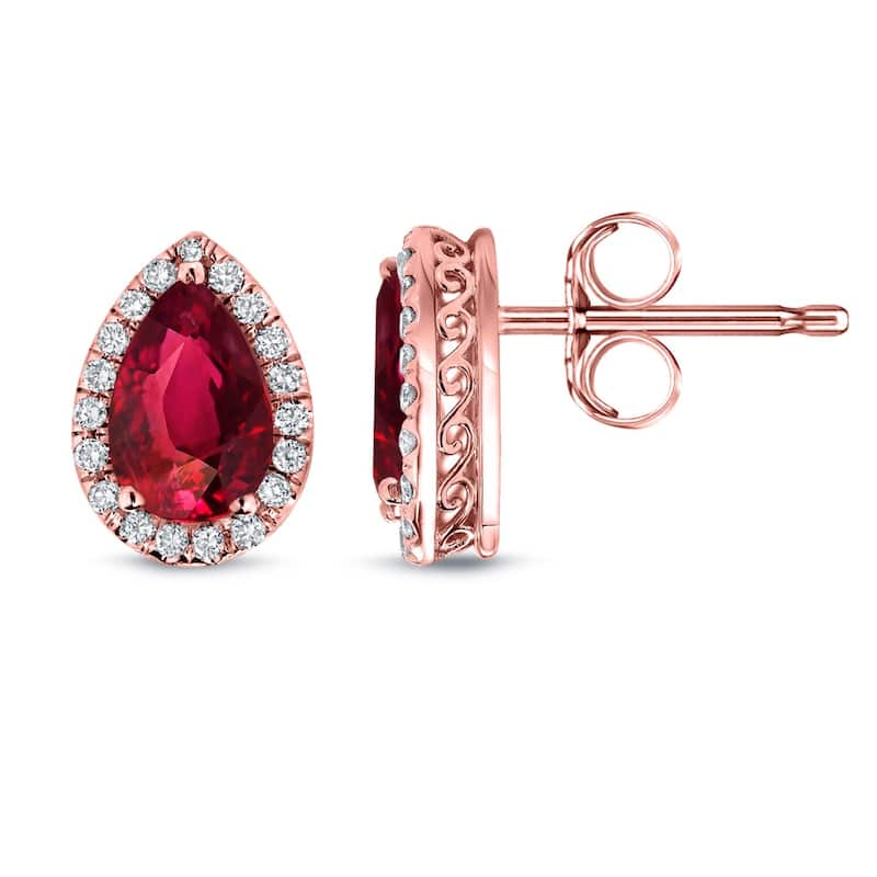 Auriya 14k Gold 2ct Pear-cut Red Ruby Halo Diamond Stud Earrings 1/3ct TDW - Rose
