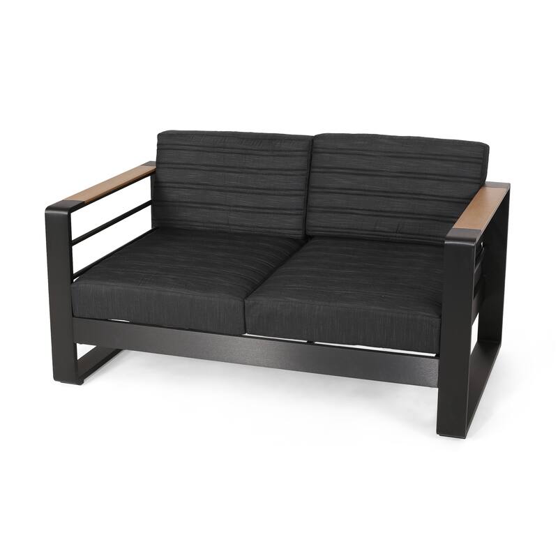 Giovanna Outdoor Black Aluminum Loveseat with Charcoal Cushions by Christopher Knight Home - 56.75" L x 27.50" W x 24.75" H