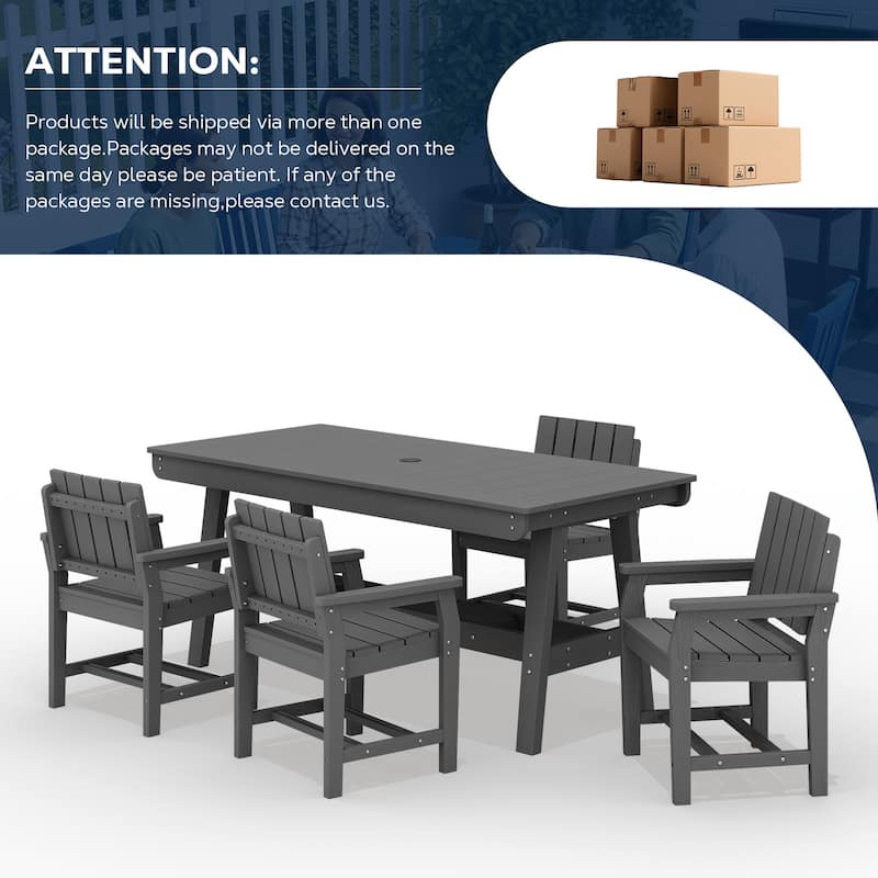 HDPE Patio Dining Set with Rectangular 67.91in W Table with Umbrella Hole and 4 Chairs - N/A