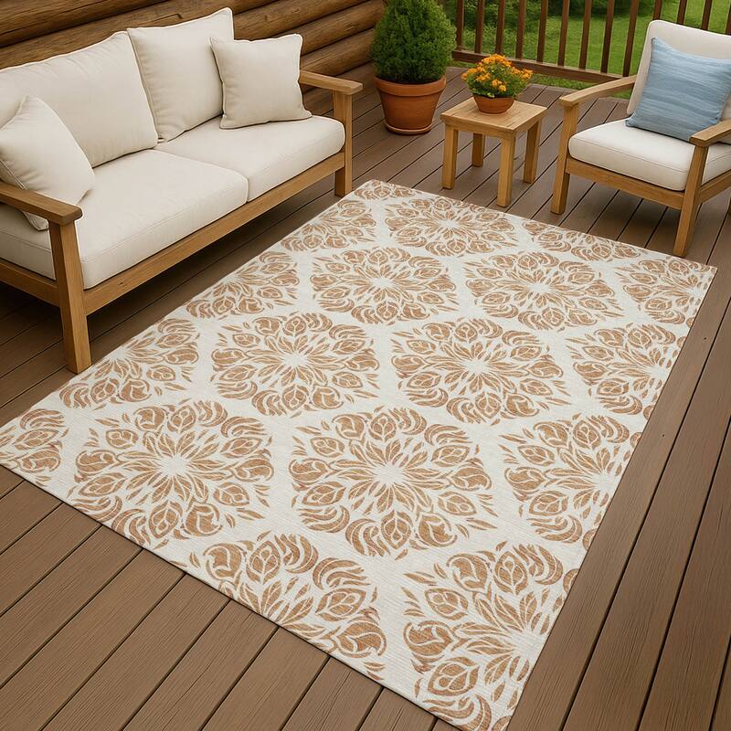 Machine Washable Indoor/ Outdoor Damask Pearl Chantille Rug - Copper - 5' x 7'6"
