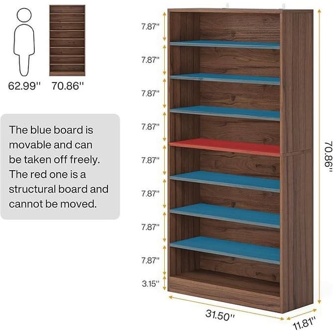 Brown Wood 8-Shlef Shoe Storage Cabinet with Adjustable Shelves - 11.81"D x 31.50"W x 70.86"H