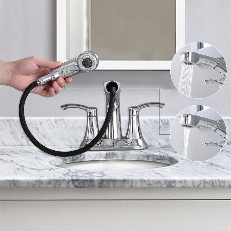 Double Handle 4 Inch Centerset Bathroom Faucet with Pull Out Sprayer