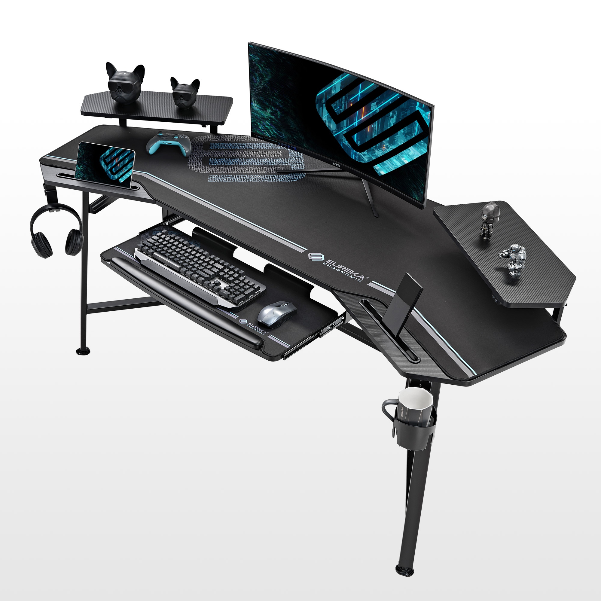 72 Large Gaming Desk Black Multifunctional Computer Desk with Keyboard Tray White